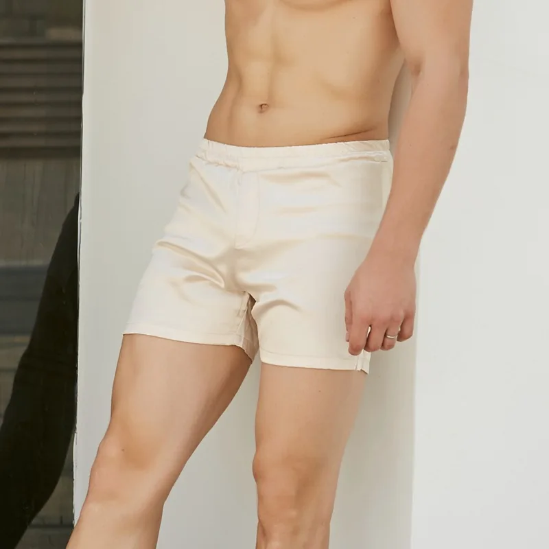 Heavywood Mens Sexy Sleep Shorts Straight White Silky Home Shorts Lounge Man Satin Boxershorts Lightweight Smooth Pajamas Shorts