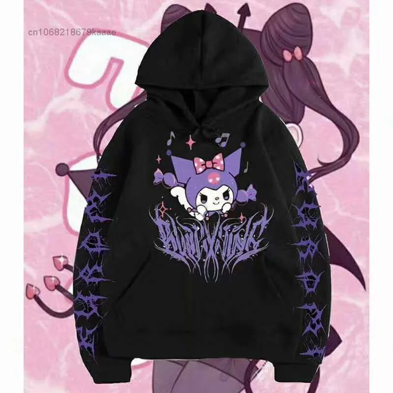 Sanrio Cartoon Kuromi Print Clothes Harajuku Thin Hoodies Women Spring Long Seeve Pullovers Female Sweatshirts Y2k Trendy Tops