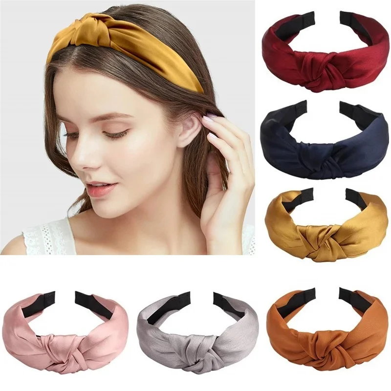 

Wide Silk Knot Headbands For Women Girls Fashion Handmade Solid Candy Color Fabric Hairbands Ladies Hair Bands Hoop Accessories