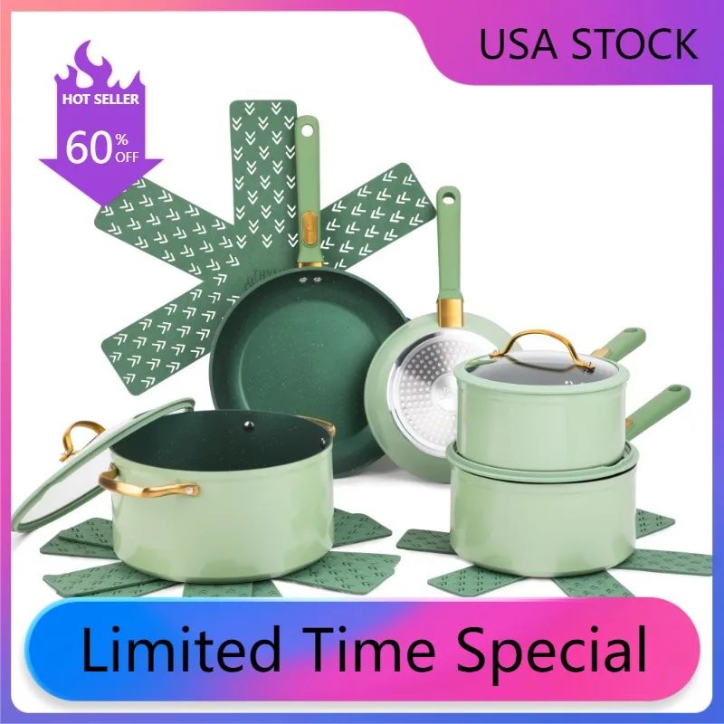 

Домашний беспригарный набор посуды из 12 предметов из гранита с тимьяном и настольным покрытием, зеленый