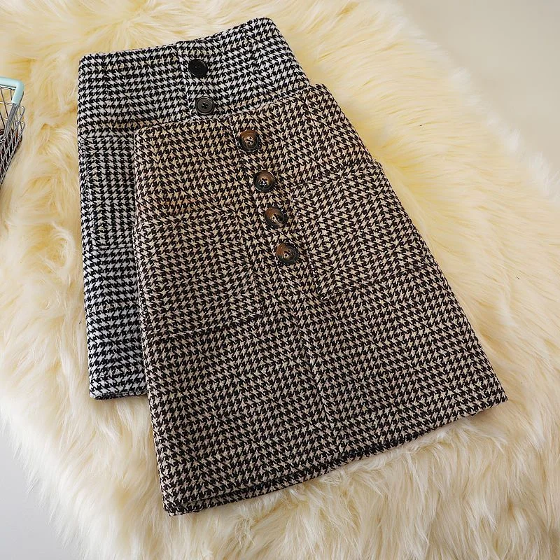 

2023 Autumn Winter Retro Houndstooth Skirt Women's Slim Fit Woolen Large Pocket Single-Breasted Hip Plaid Skirt Female