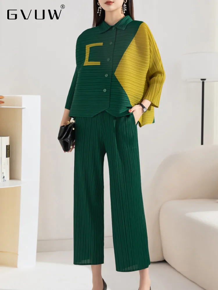 

GVUW Patchwork Pleated Pants Set Women Single Breasted Contrast Color Tops+ Wide Leg Trousers Two-Piece 2023 Autumn New 17G1513