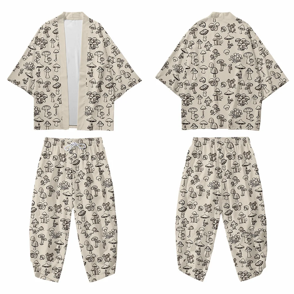 2PCS Men Print Mushroom Robe Sets Summer Rayon Pajamas Suit Cardigan Kimono Lagre Size Sleepwear Pant Casual Home Clothes