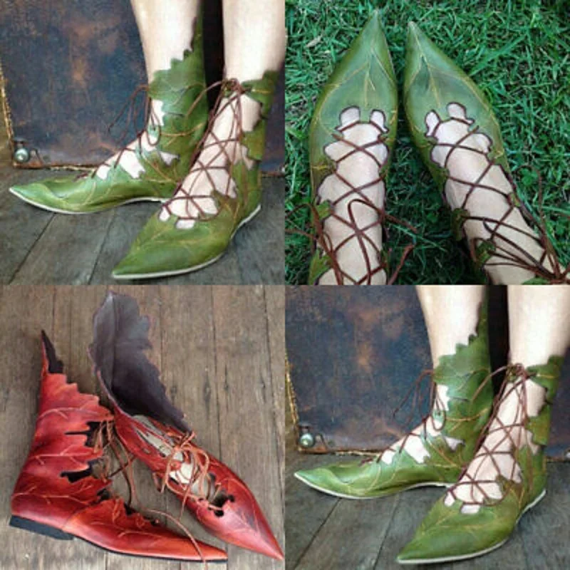 

2023 Medieval Gothic Retro Elf Witch Leaves Lace Up Shoes For Women Men Cosplay Costume Carnival Party Knight Boots Accessories