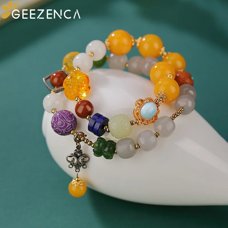 

GEEZENCA Luxury Gemstone Double Loop Beaded Bracelets For Women S925 Silver Gold Plated Jade Amber Jasper Lapis Lazuli Bracelet