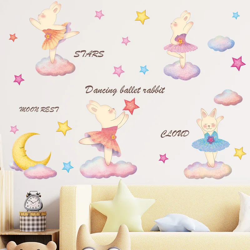 

Dance Ballet Rabbit Clouds Stars Moon Kindergarten Pvc Material Self-Adhesive Wall Stickers Decor Home Accessories Wallpaper