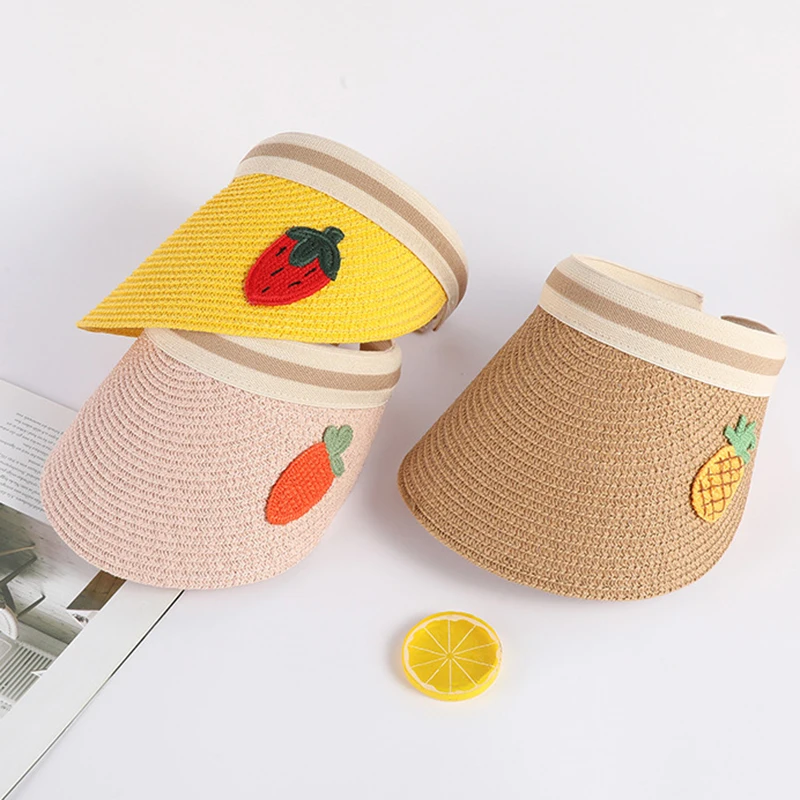 

Cute Fruits Summer Mom Baby Sun Hats Anti-UV Kid Outdoor Visor Caps Hand Made Straw Cap Casual Shade Hat Empty Top Hat Beach Cap