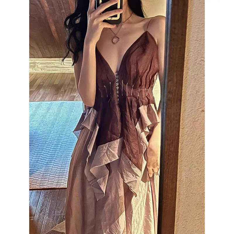 

Женское длинное платье на бретелях-спагетти DALMAZZO, дизайнерское платье градиентного цвета с V-образным вырезом, повседневное модельное платье без рукавов с утечкой на спине, Новинка лета 2023