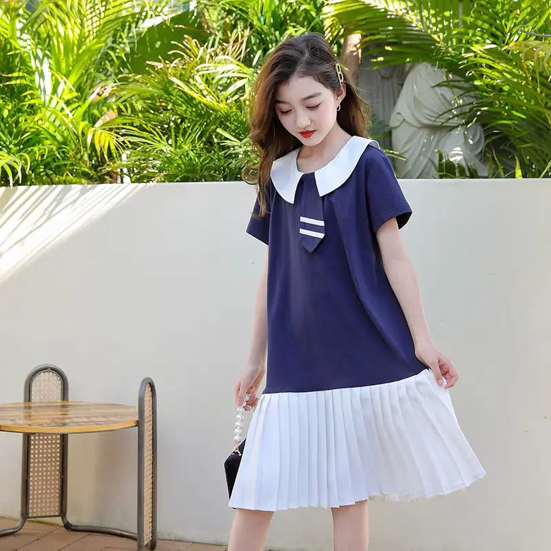 

2022 Summer Baby Girls Dress Preppy Style Dresses for Girls Short Sleeve Kids Dresses Children Patchwork Clothes for Girls B67