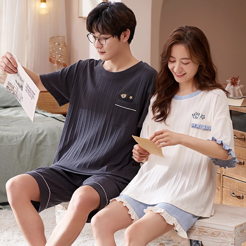 New Short Sleeve Sleepwear Couple Men and Women Matching Home Set Cotton Pjs Solid Leisure Nightwear Pajamas for Summer