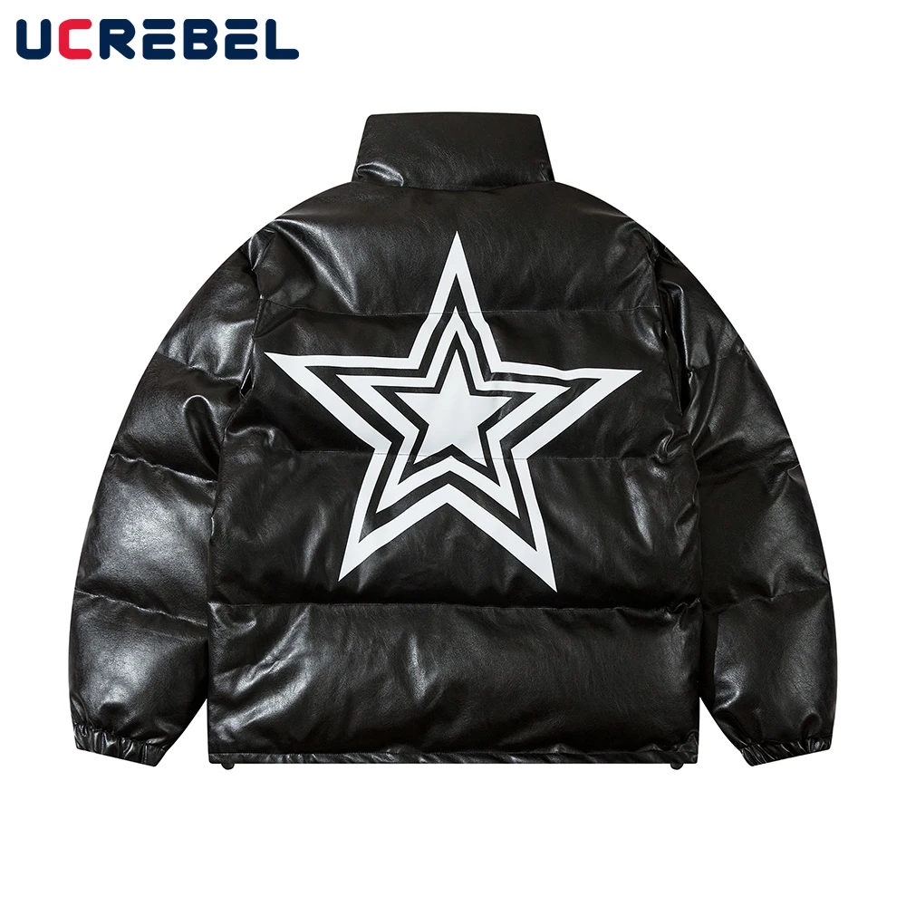 

Куртка мужская зимняя из искусственной кожи с пятиконечным принтом со звездами