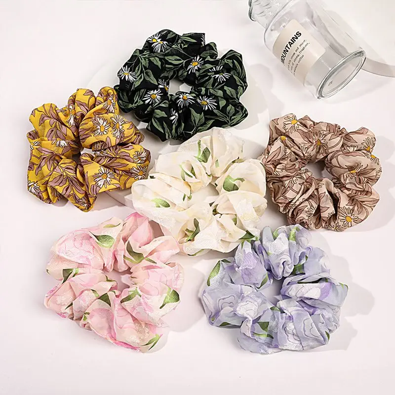 

2022 New Spring Trendy Elastic Rope Ribbon Hair Scrunchies Large Intestine Hair Circle Chiffon Print Floral String Ribbons