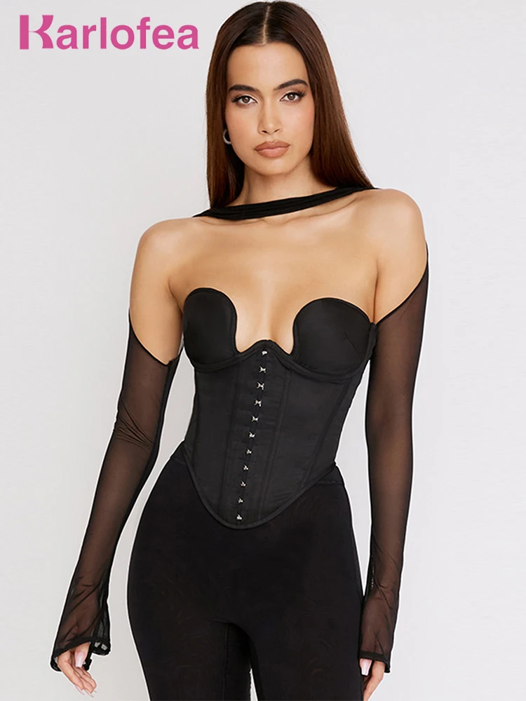 

Kealofea Female Spring Corset Tops Summer Mesh Long Sleeve Shirt Vintage Streetwear Outfits Clothing Fashion Woman Blouses 2022