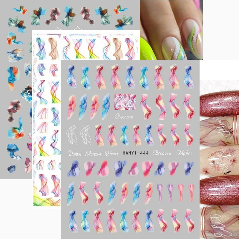

3D Nail Stickers Back Glue Stickers Blooming Colorful Smoke Waves Back Glue Nail Stickers Decoration For Nail Tips Beauty