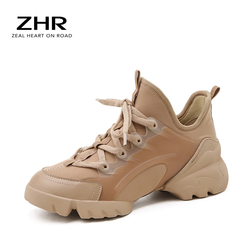 ZHR 2023  Wedges Sneakers Women Shoes Leather Chunky Heel Thick Bottom Round Toe Breathing Female Vulcanize Shoes G392