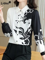 floral printing vintage casual button polo neck office lady blouse 2022 summer female clothing loose fashion tops elegant shirt