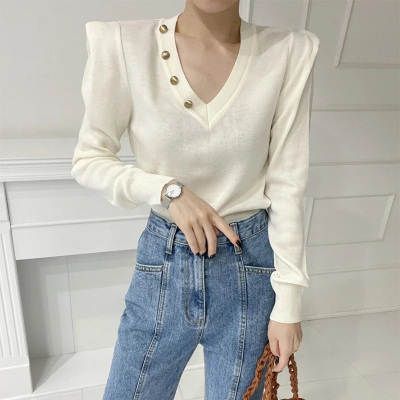 

Женский свитер на пуговицах, с V-образным вырезом и длинным рукавом