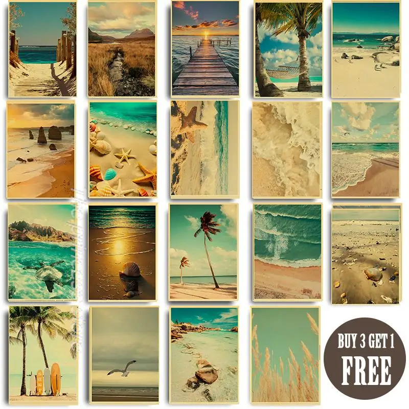 

Vintage Tropical Beach Landscape Posters Wall Art Kraft Painting Ocean Palm Tree Home Hotel Cafe Wall Decoration