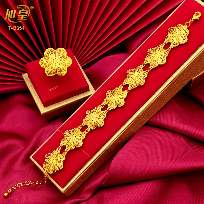 

XUHUANG African Luxury Gold Plated Bracelet With Rings Arabic Bridal Wedding Banquet Bracelet Charm Jewellery Gifts Wholesale