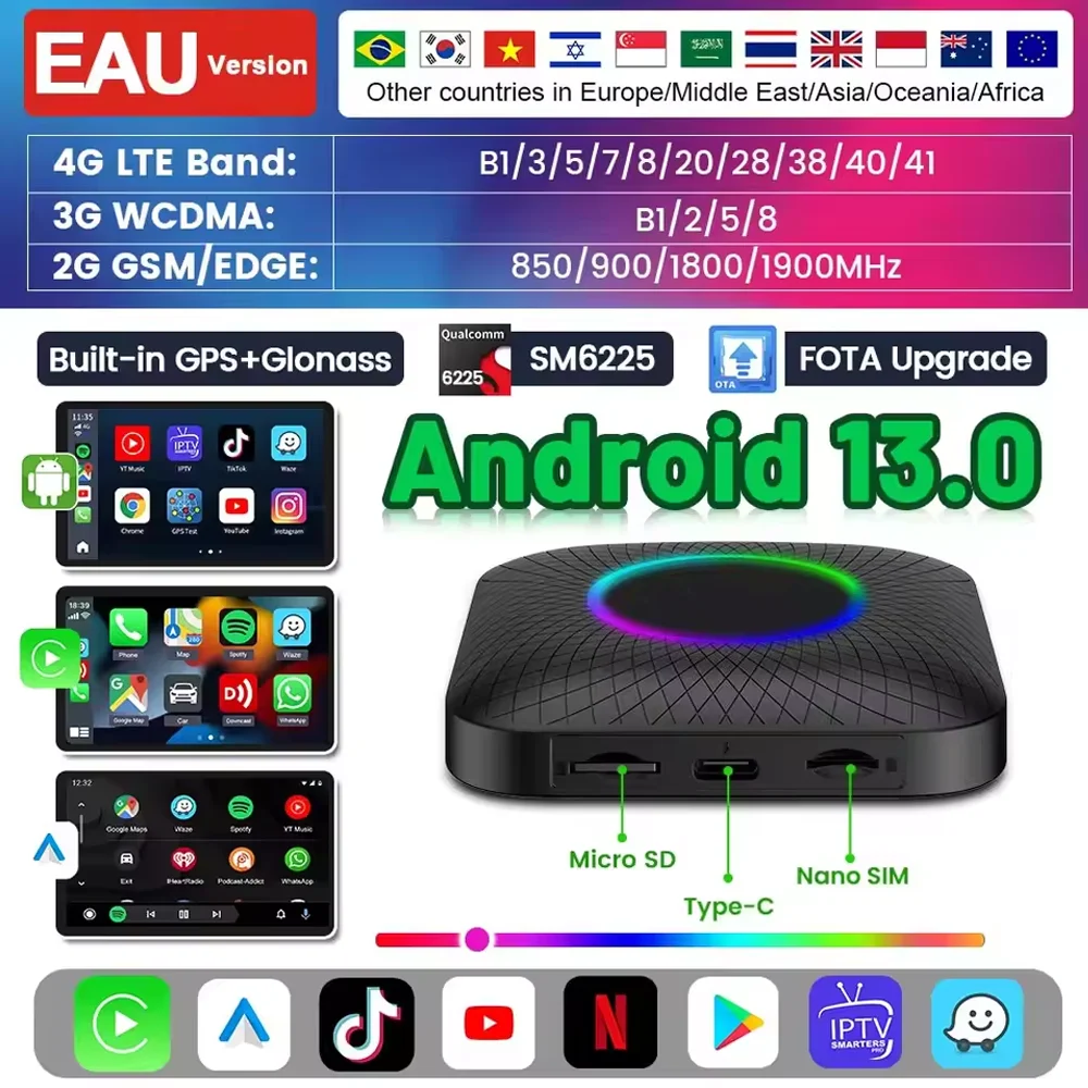 

Carlinkit Wireless CarPlay Android 13 Ai Box Wireless Android Auto QCM6225 8-ядерный разделенный экран 128G Smart TV Box для Youtube GPS