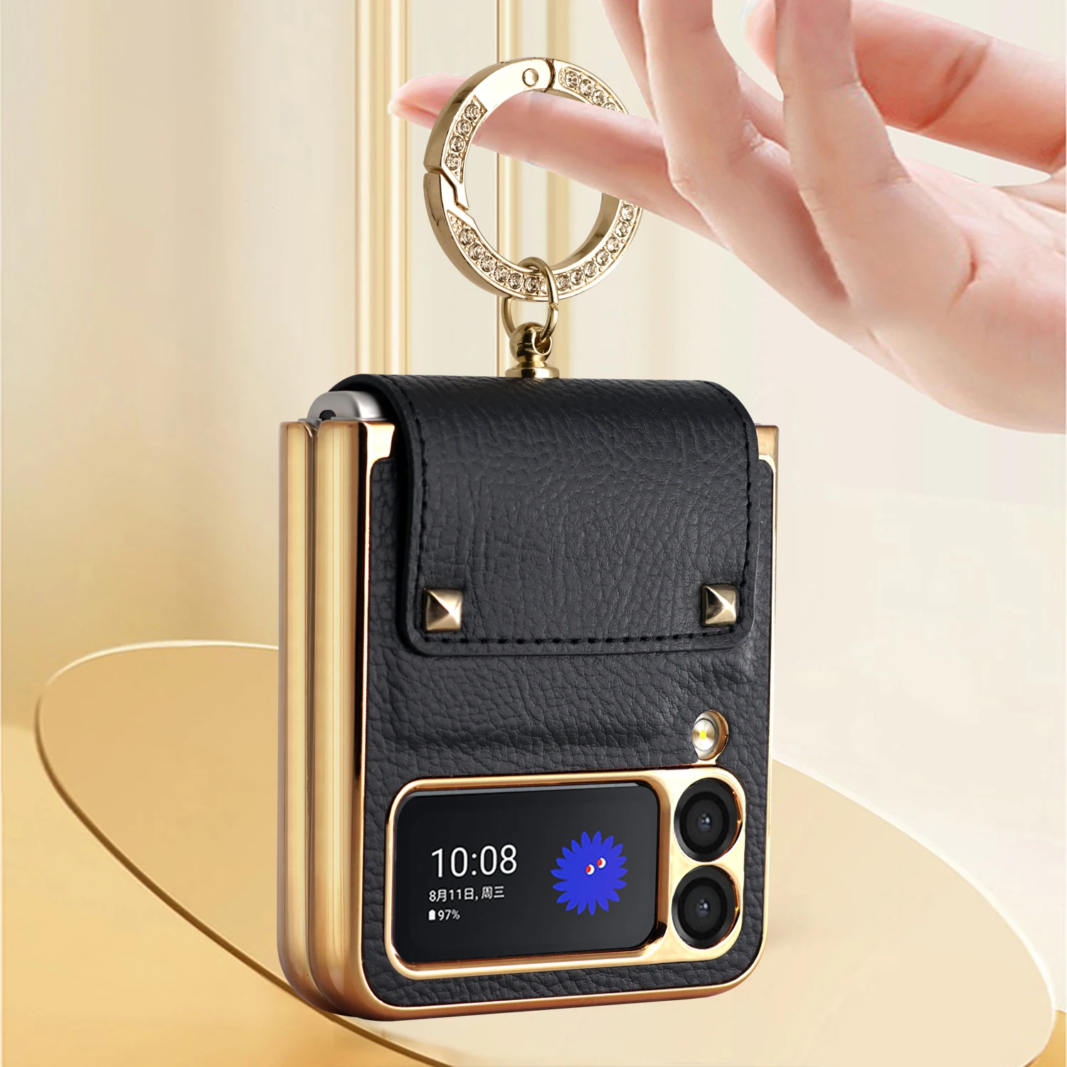 Z Flip6 Flip4 Flip5 обшивка ПК кольцо держатель оранжевый кожаный флип-чехол для samsung galaxy 6