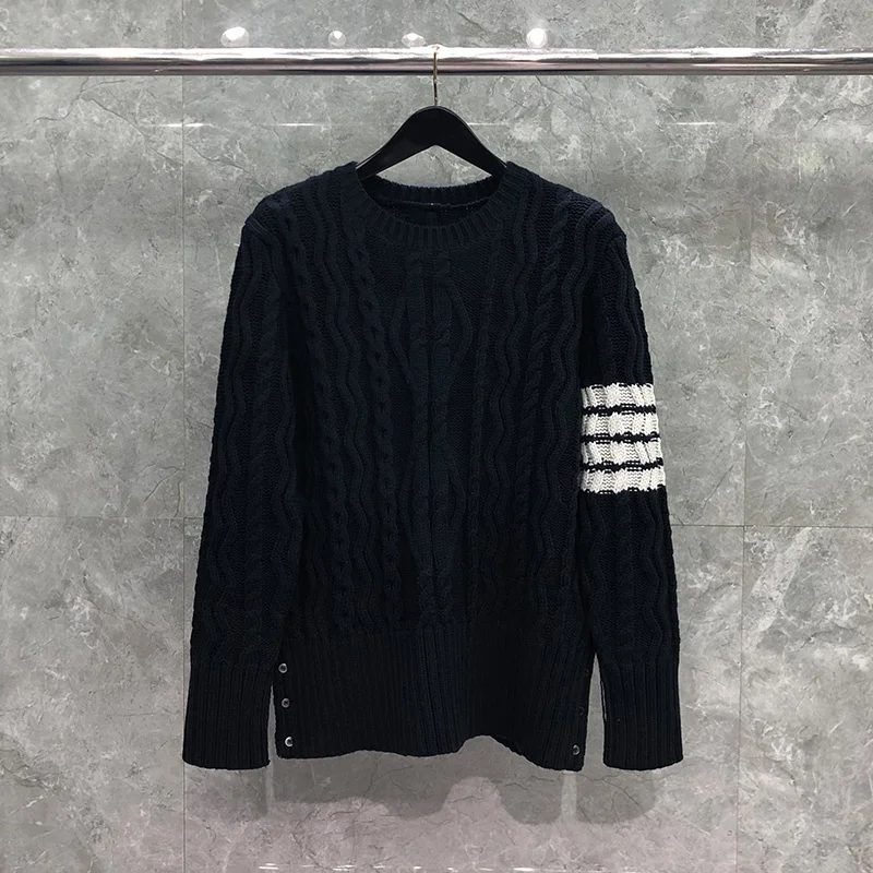 

TB THOM Men's Sweater Winter Fashion Brand Coats Merino Wool Arm Cable 4-Bar Stripe Knit Crew Neck Pullover Navy TB Sweater