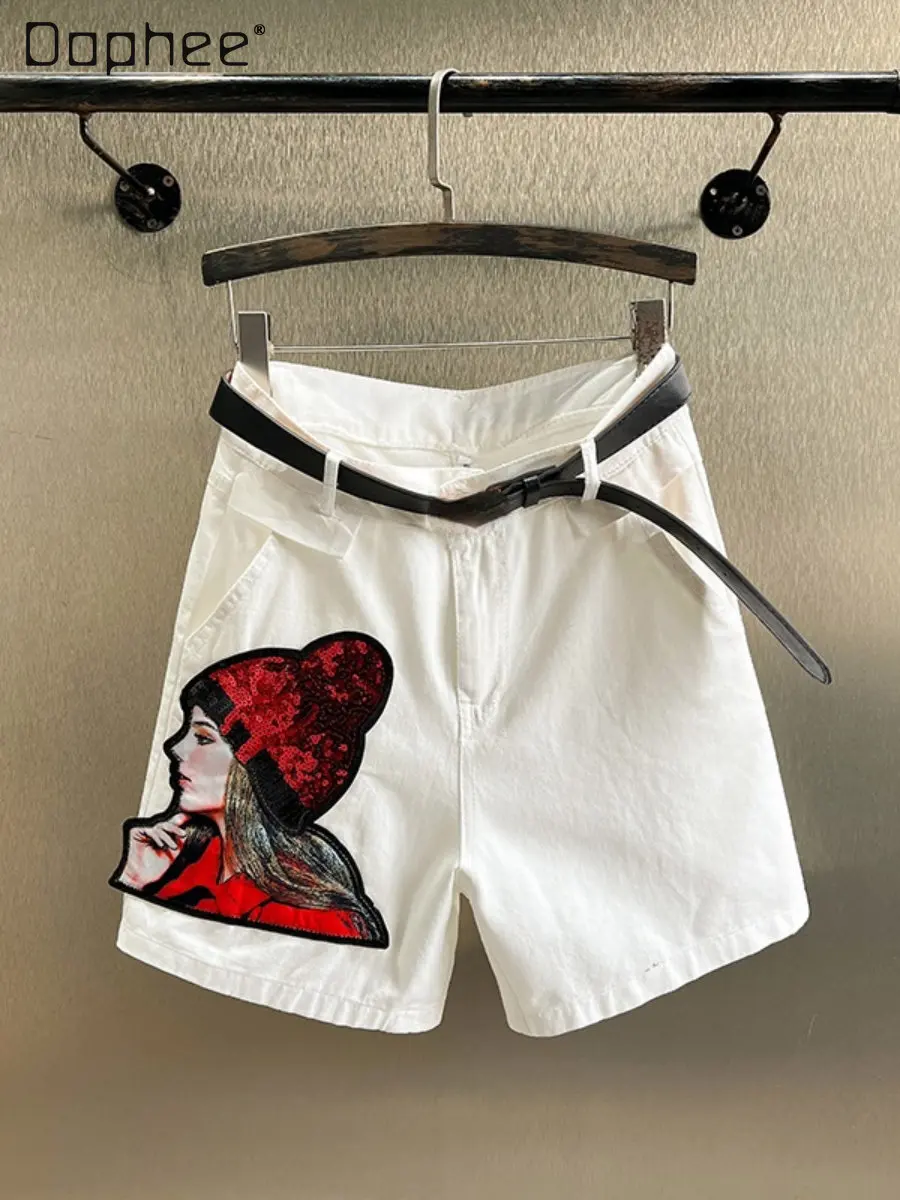 

Белые джинсовые шорты с блестками для женщин, Новинка лета 2022, свободные тонкие прямые модные Универсальные укороченные брюки с высокой тал...