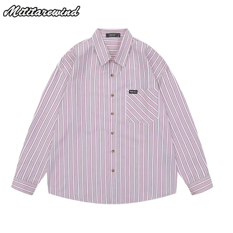 

Рубашка мужская с длинным рукавом, Свободная блуза в американском стиле ретро, в Вертикальную Полоску, винтажная Повседневная простая одежда для пар, весна 2023