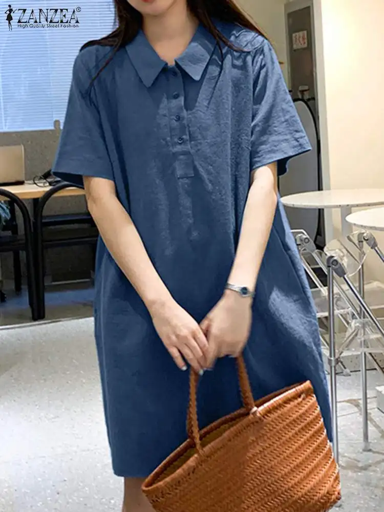 

ZANZEA Summer Korean Fashion Women Short Sleeve Oversize Shirt Dress Elegant Lapel Neck Work Vestido Robe Loose Casual Sundress