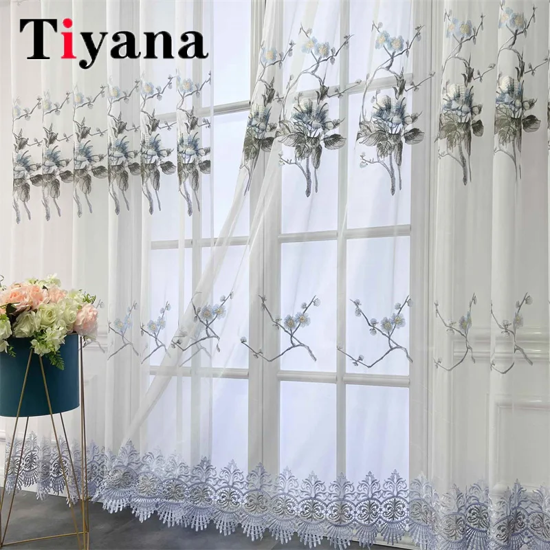 

European Court Retro Grey Peony Flower Chenille Embroidery Living Room Sheer Tulle Curtains For Bedroom Window Volile Drapes