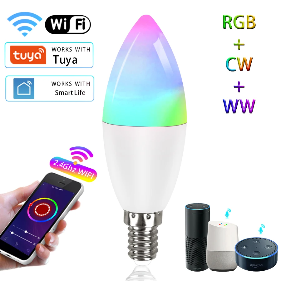 

Умная Светодиодная Лампа Tuya WiFi С Цоколем E14, 5 Вт/7 Вт/9 Вт, Регулируемая Яркость, Голосовое Управление