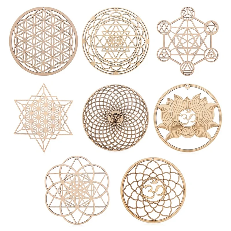 

8Pack 14Cm Wooden Wall Sign Flower Of Life Shape Coaster Wood Wall Art DIY Coaster Craft Making Geometry