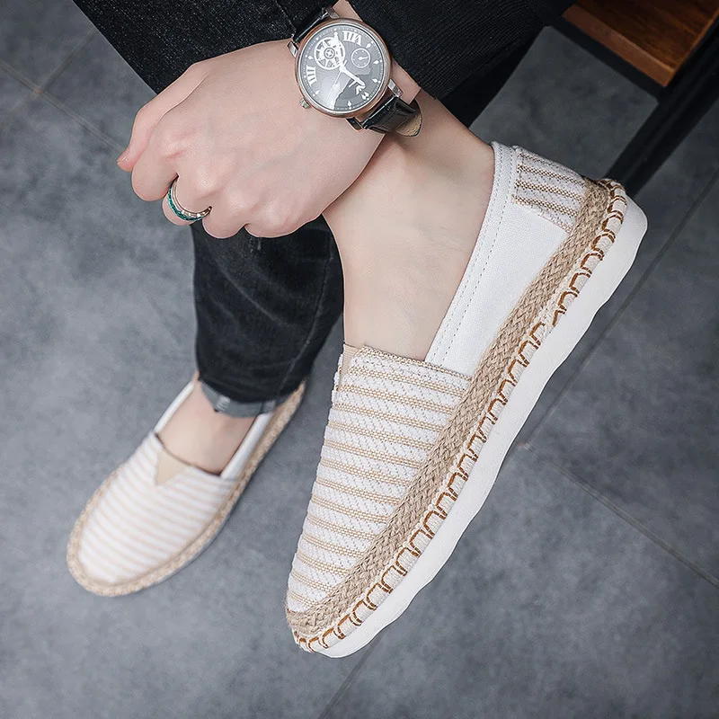 Мужские тканевые туфли синие легкие повседневные холщовые в полоску из дышащего