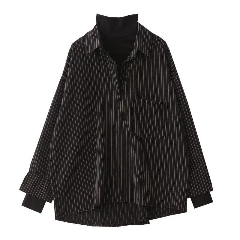 

HOUZHOU Vintage Striped Fashion Woman Blouses 2022 Long Sleeve Fake Two Piece Black Oversized Autumn Shirts Female Chic Korean