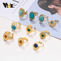 vnox retro green color natural stone rings for women gold color waterproof stainless steel metal finger gift jewelryresizable