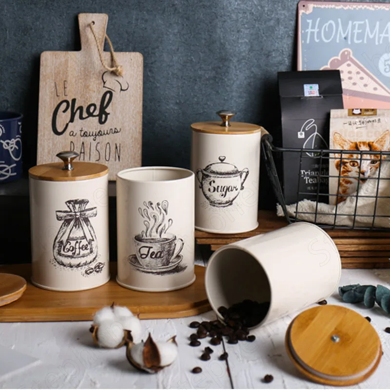 

Nordic Modern Metal Jars with Lid Vintage Iron Candy Snack Storage Jar Bamboo Cover Three-piece Set Spice Bottle Kitchen Decor