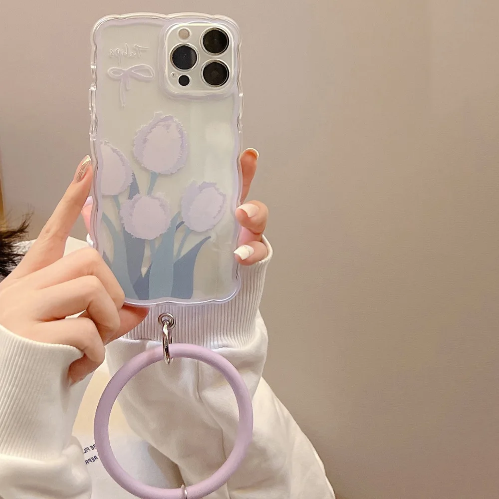 

Retro Purple Tulip Flower Round Silicone Hanging Ring Phone Case For iPhone 11 12 13 Pro Xs Max Xr X 7 8 Puls SE Soft TPU Cover