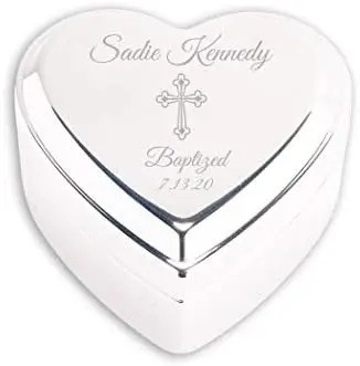 

Moments Personalized Heart Jewelry Keepsake Box with Custom Engraved Cross and Name for Baby Baptism Gift for Girls, Silver Tone