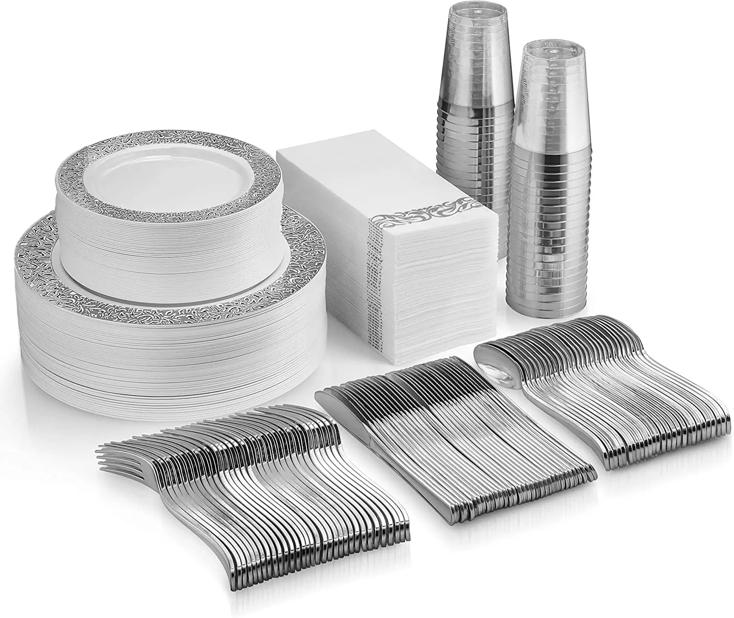 

350 Pcs Silver Dinnerware Set-50 Guest Silver Lace Design Plastic Plates-50 Silver Plastic Silverware,Cups-50 Linen Like Napkins