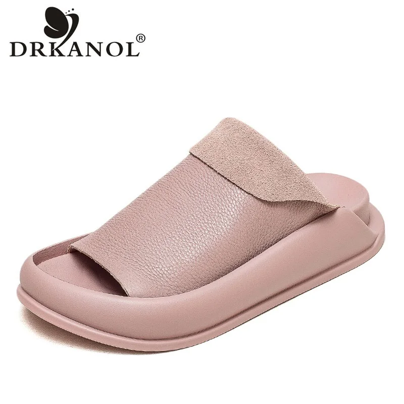 

DRKANOL Women Slippers 2023 Summer Slingback Shoes Open Toe Genuine Leather Slip-On Solid Color Outside Casual Flat Slides Red