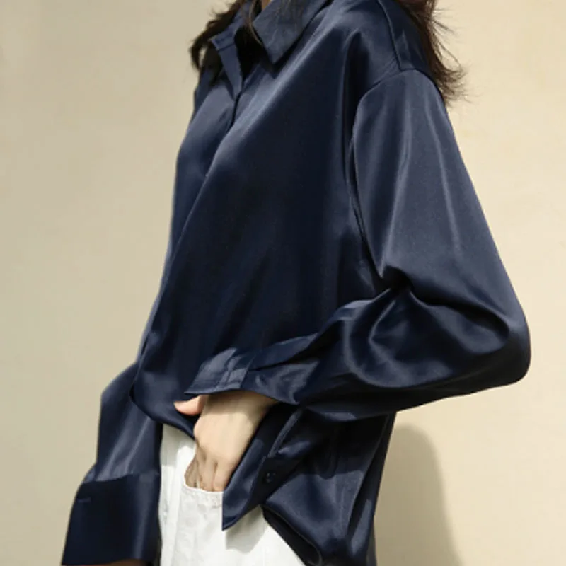 Autumn Fashion Button Up Satin Silk Shirt Spring Vintage Blouse Women White Lady Long Sleeves Female Loose Street Shirts