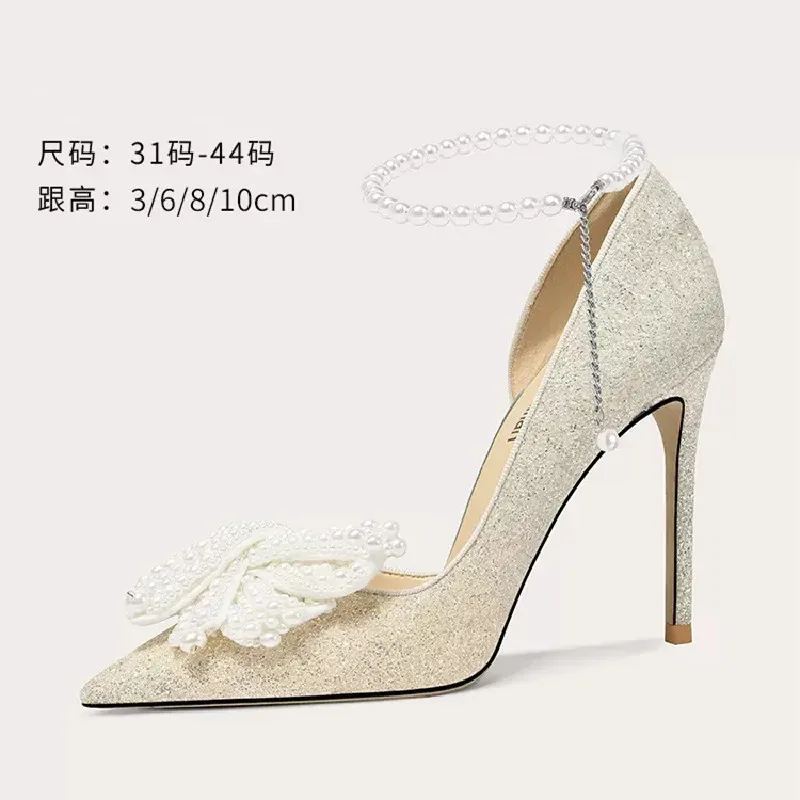 

Spring/Summer Pointed Sheepskin Soft Sole Pearl Sequin Sandals with Thin High Heels Banquet Dress Large and Small Women's Shoes