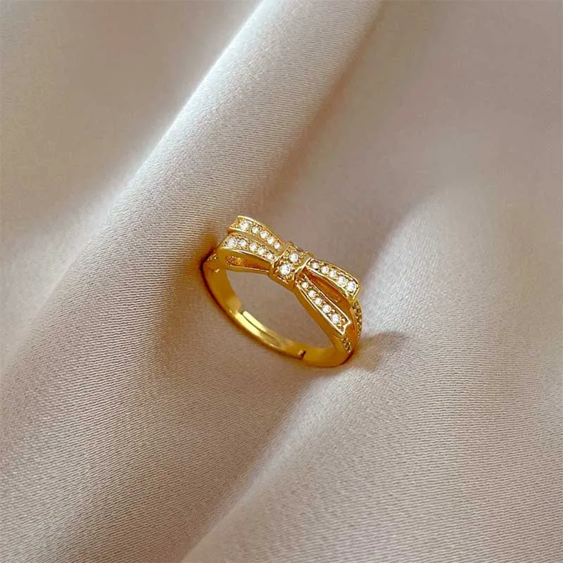 

Zircon Bowknot Rings For Women Stainless Steel Gold Color Adjustable Opening Bowknot Finger Ring Party Wedding Jewelry Gift