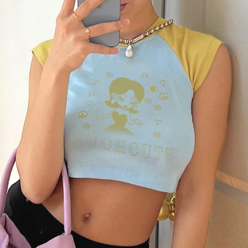 

Harajuku Grunge Retro Tees Pullovers Y2K Vintage Print Crop Top Patchwork Short Sleeve Slim Fit T-Shirt Chic Women Clothing