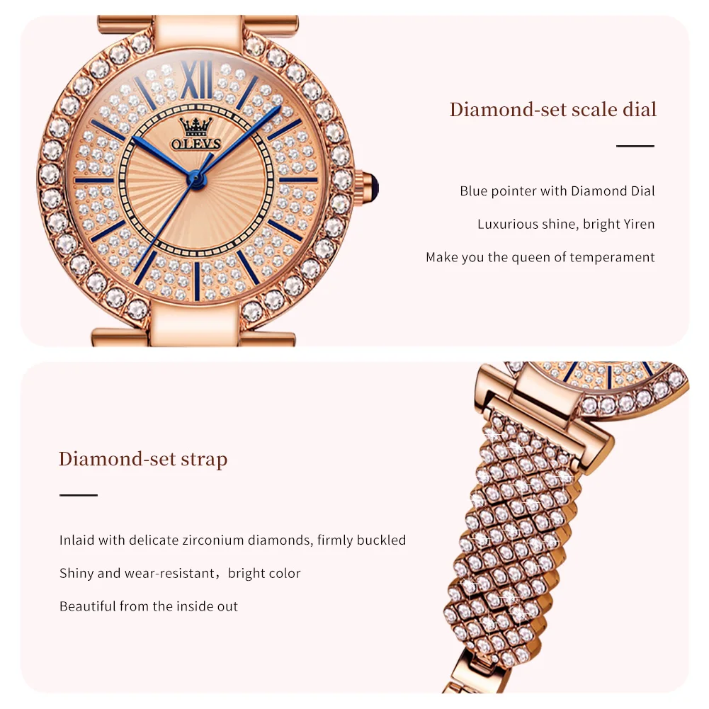 OLEVS Women's Watches Fashion Original Quartz Wrist Watch for Ladies Roman Dial Dazzling Diamond Waterproof Luminous Luxury New