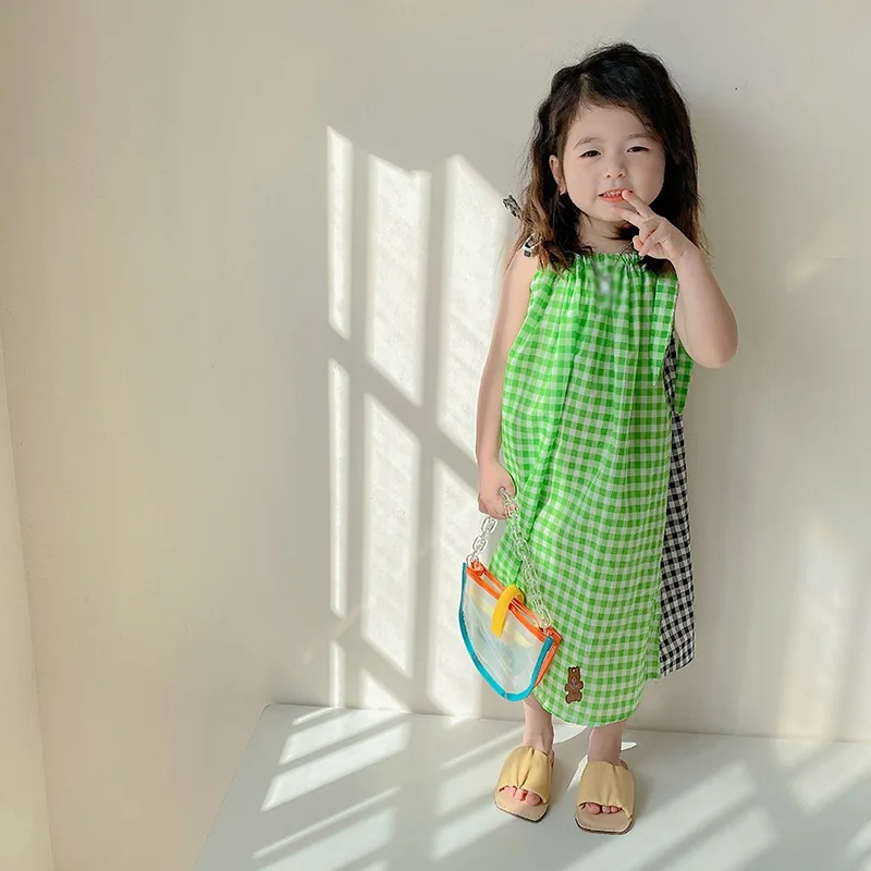 

Summer Girls Plaid Dress Fashion Korean Style Patchwork Sundress For Kids Sleeveless Casual Baby Dresses Children Clothes