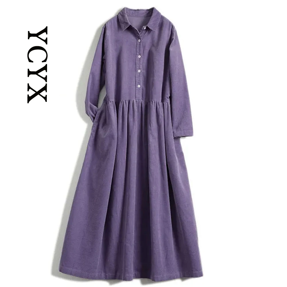 

women long dresses stylish turn collar corduroy robe jaune femmes office 2xl solid blusas sexys elegantes streetwear YCYX235