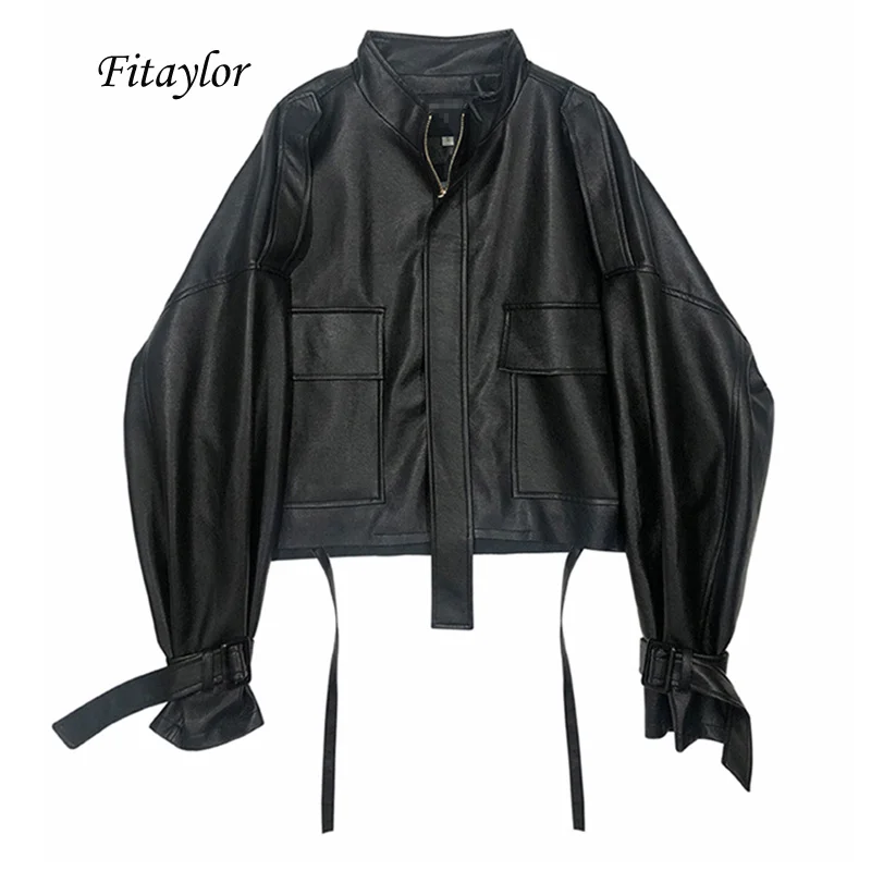 

2022 New Autumn Women Faux Soft Pu Motorcycle Leather Jacket Casual Loose Black Faux Leather Punk Zipper Overcoat