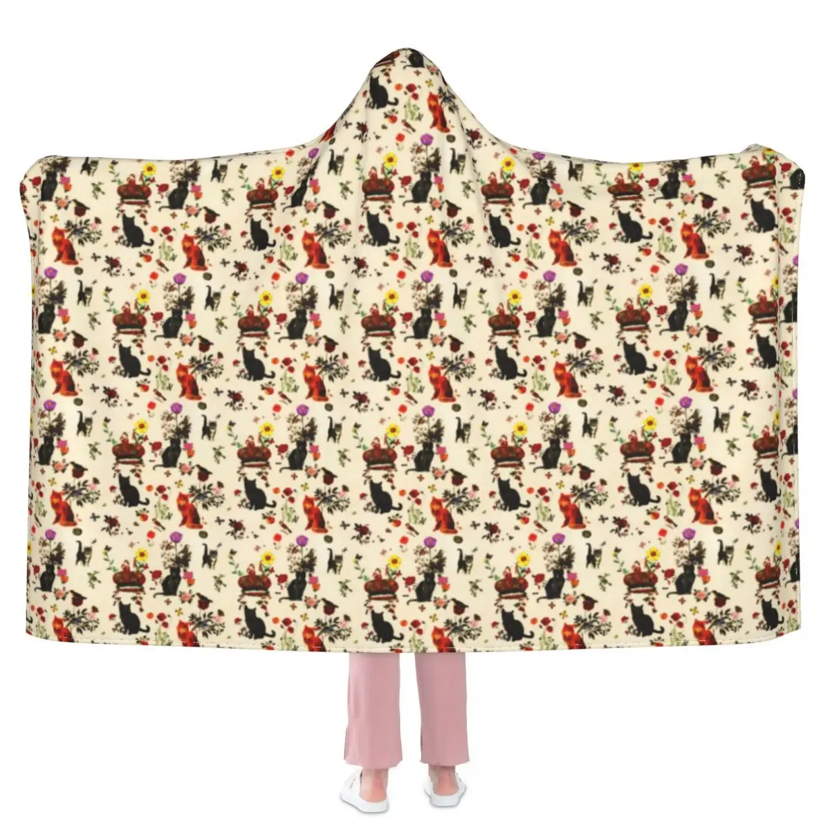 

Одеяло с капюшоном и цветочным принтом, супермягкое флисовое зимнее покрывало в винтажном стиле с изображением черной кошки, птицы