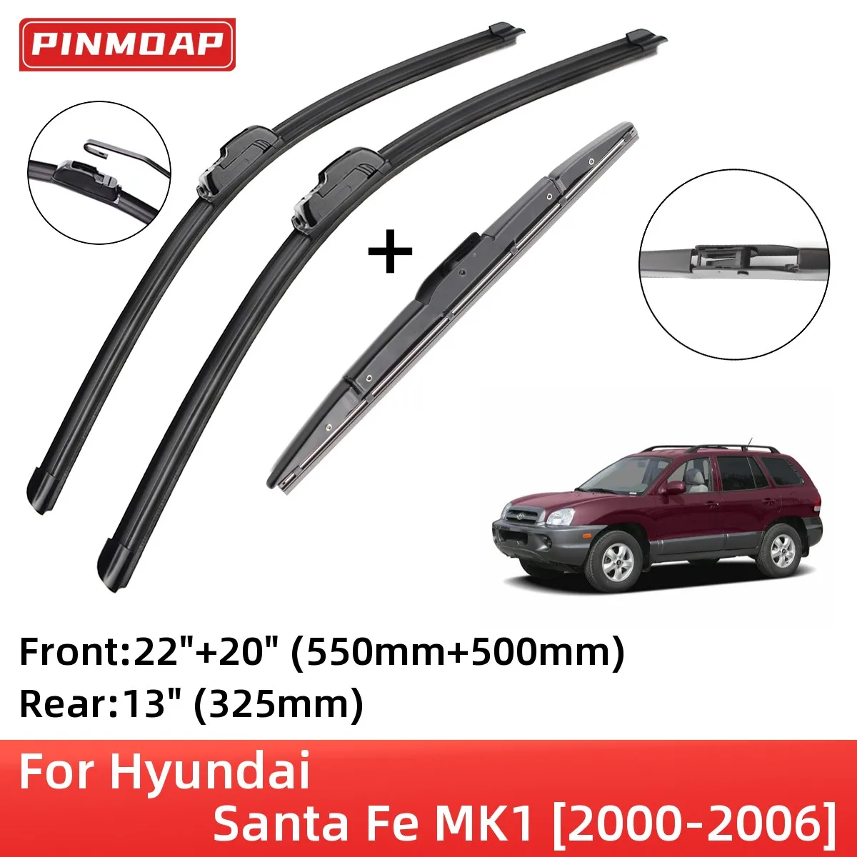 For Hyundai Santa Fe MK1 2000-2006 Front Rear Wiper Blades Brushes Cutter Accessories J Hook 2000 2001 2002 2003 2004 2005 2006